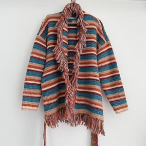 Idyllwind Cardigan Sweater Womens Belted Wrap Tie Colorful Fringe Western‎ Boho